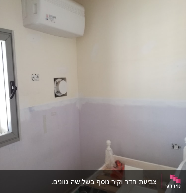 חדר עם קירות צבועים חלקית בצבע סגול